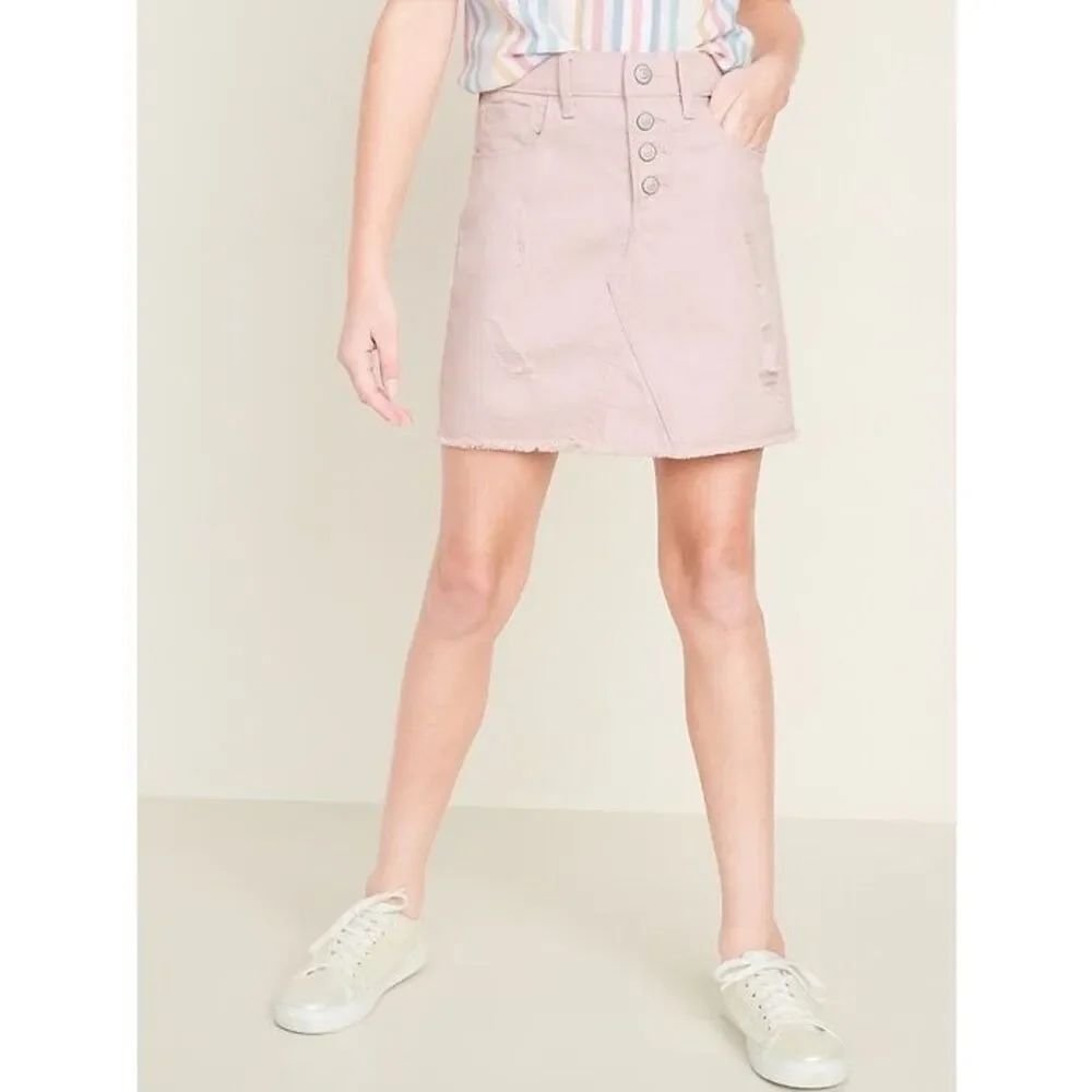 Youth Girls Old Navy High Waisted Button Fly Frayed Hem Pink Jean Skirt - Sz M 8